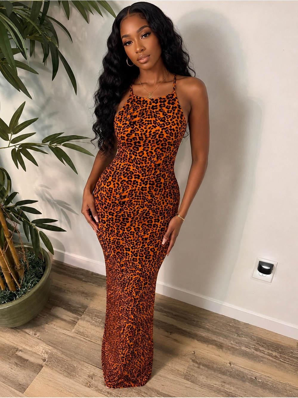 iris Orange and Black Leopard Halter Maxi Dress